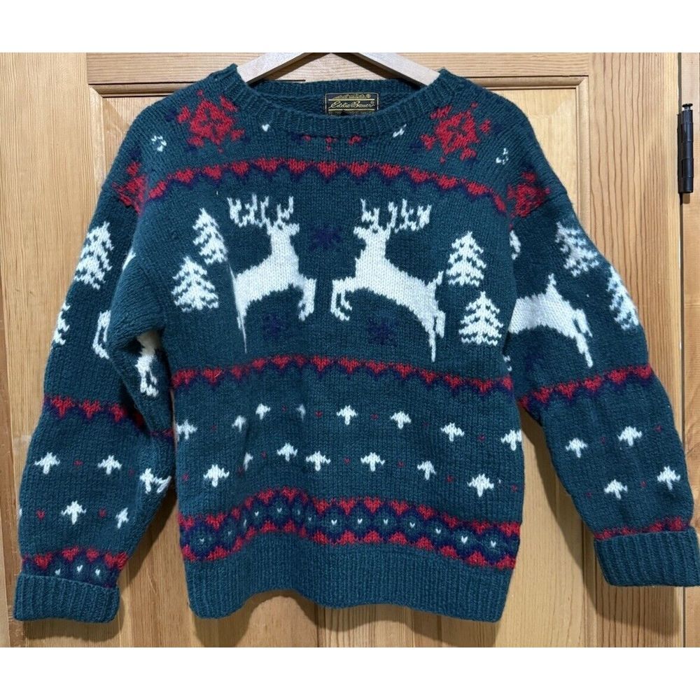 Eddie Bauer Teal and White Reindeer Sweater - Picture 4 of 5